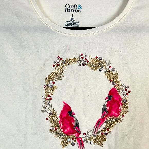 Croft & Barrow Cardinals Holiday Top Blouse Womens Ivory Long Sleeves Large NWOT - Picture 3 of 10